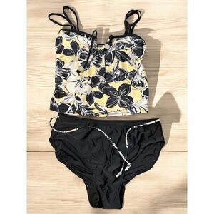 Your Best Look 2 Piece Tankini Swimsuit Size 8 Black Yellow Floral